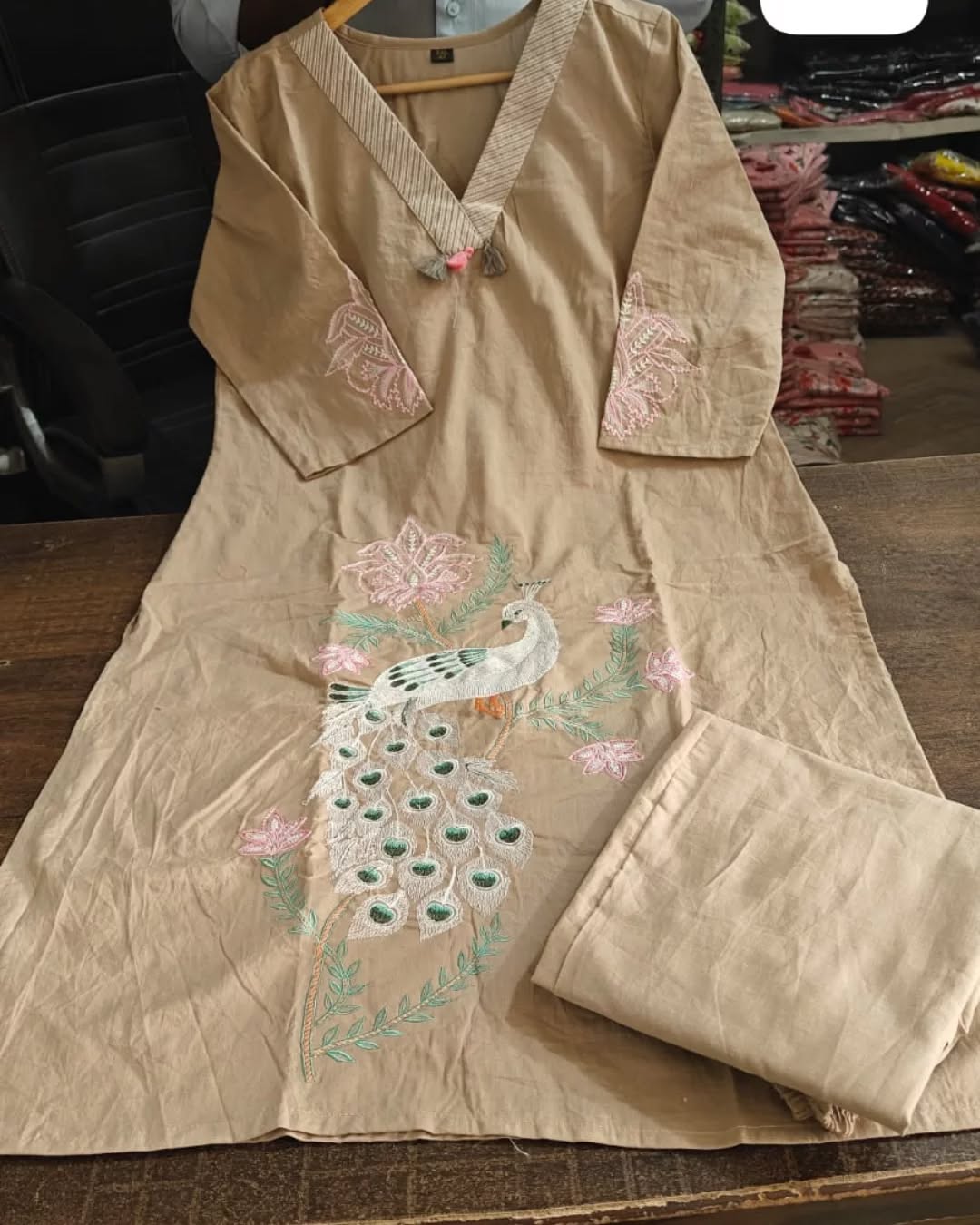Peacock Embroidery Work Cotton Cord Set For Women
