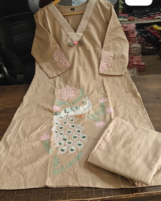 Peacock Embroidery Work Cotton Cord Set For Women