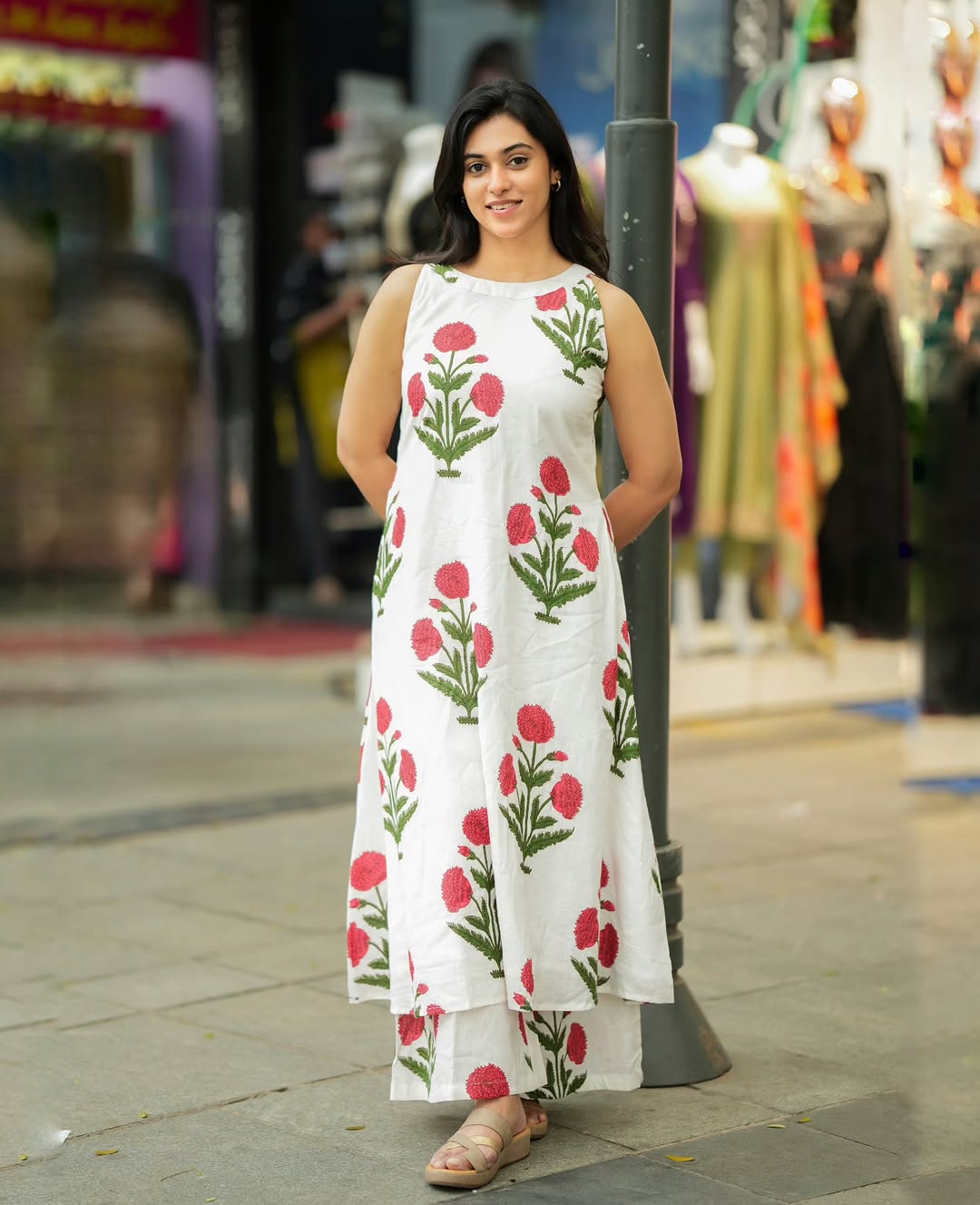 white and pink floral printed cotton halter neck kurta and palazzo set