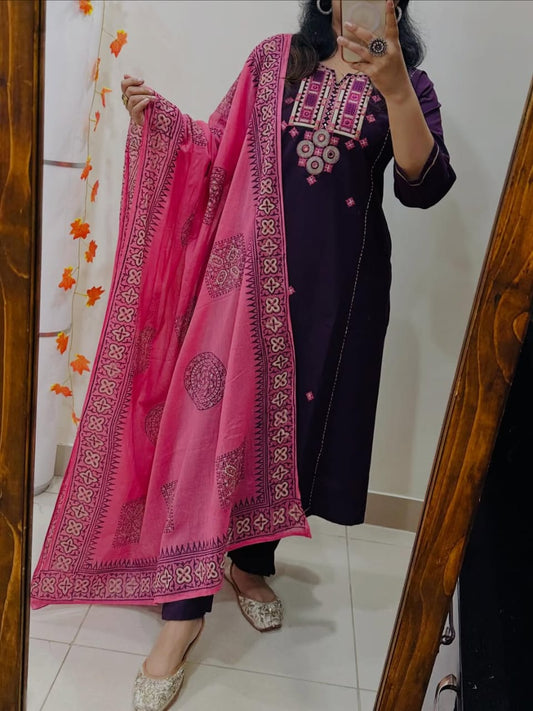 purple cotton kurta set with a contrasting pink dupatta
