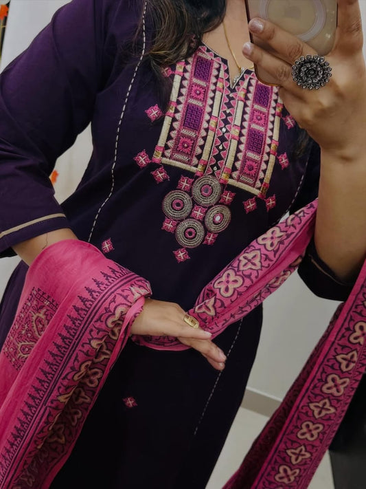 purple cotton kurta set with a contrasting pink dupatta