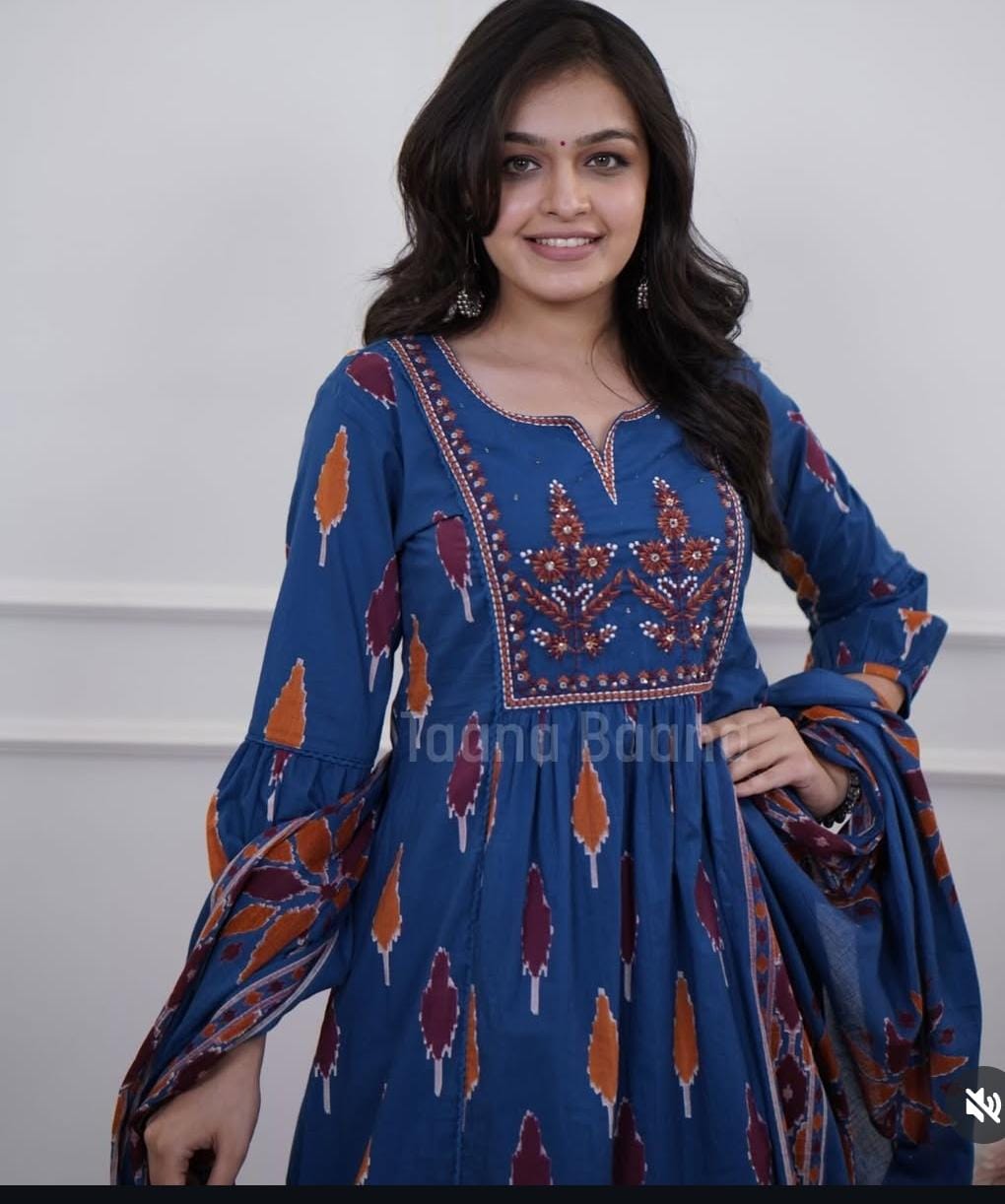 Blue Beautiful  line kurti printed and Embroidery Work