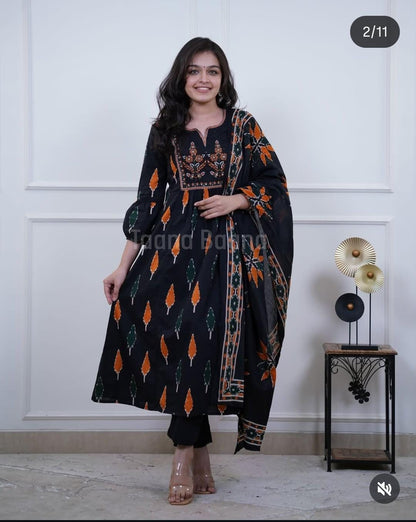 Black cotton kurti pant with printed and embroidery work