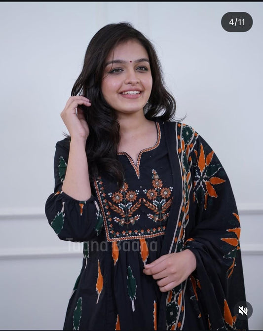 Black cotton kurti pant with printed and embroidery work
