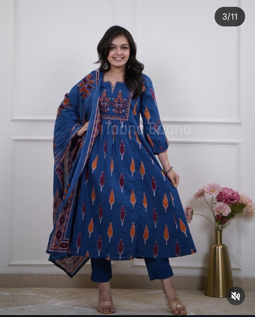 Blue Beautiful  line kurti printed and Embroidery Work