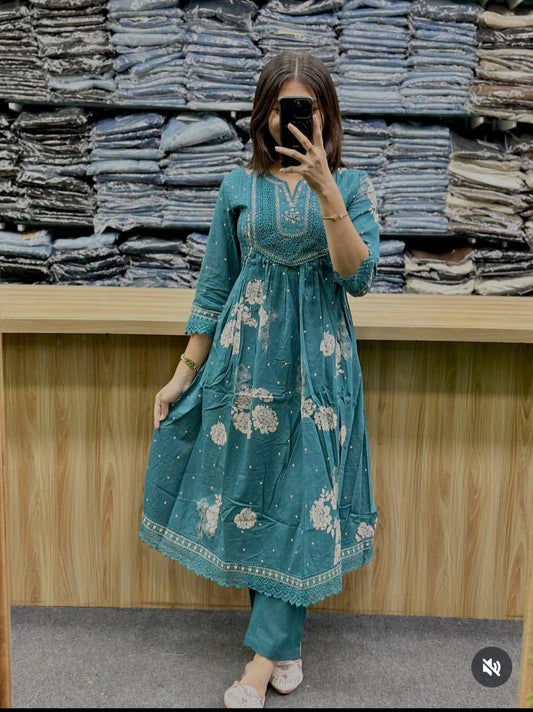 New anarkali kurta set with Cotton Pant and Malmal Dupatta