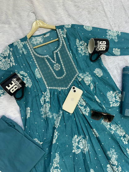 New anarkali kurta set with Cotton Pant and Malmal Dupatta