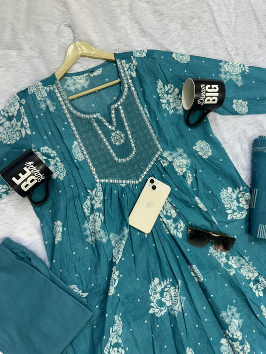 New anarkali kurta set with Cotton Pant and Malmal Dupatta