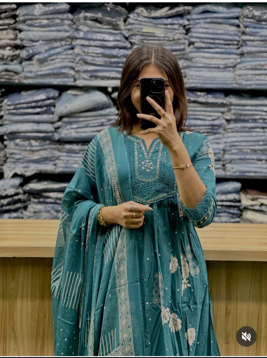 New anarkali kurta set with Cotton Pant and Malmal Dupatta