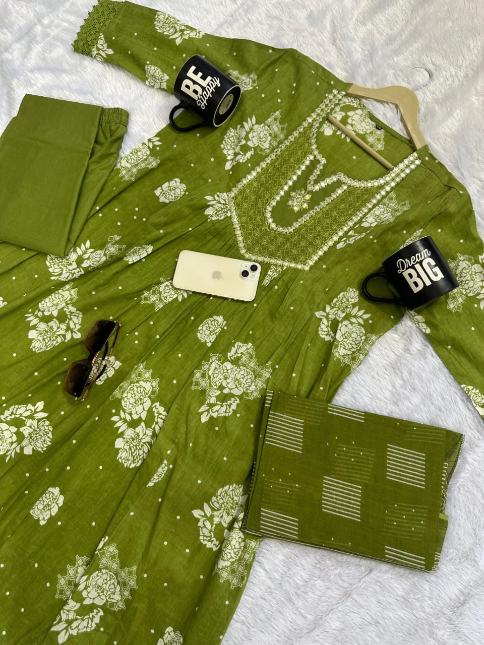 green embroidered cotton kurta set with a printed dupatta