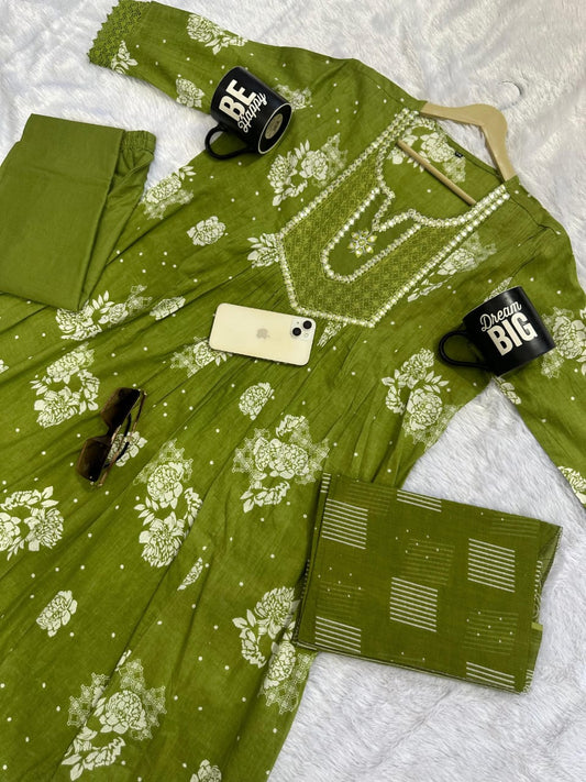 green embroidered cotton kurta set with a printed dupatta