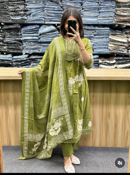 green embroidered cotton kurta set with a printed dupatta