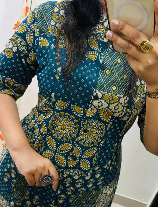 Teal gold printed kalamkari cotton cord set