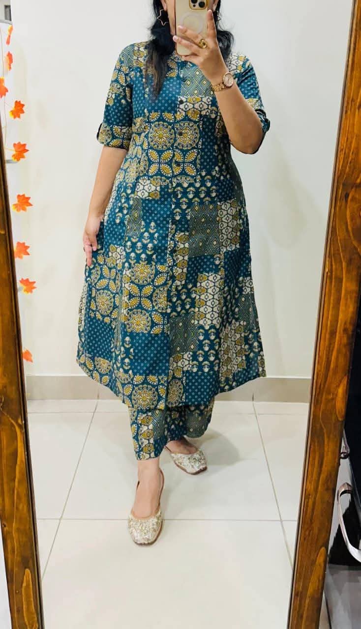 Teal gold printed kalamkari cotton cord set