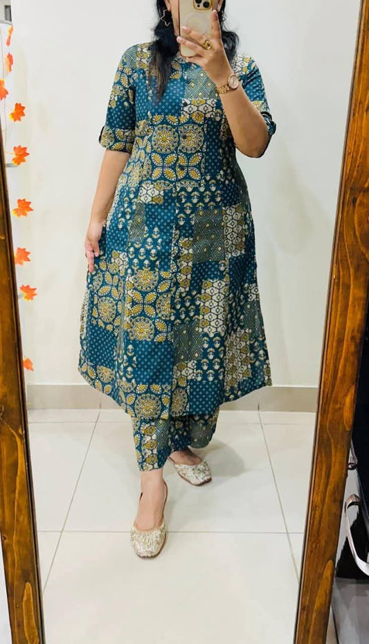 Teal gold printed kalamkari cotton cord set