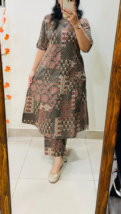 brown cotton Jaipuri Kalamkari print A-line kurti