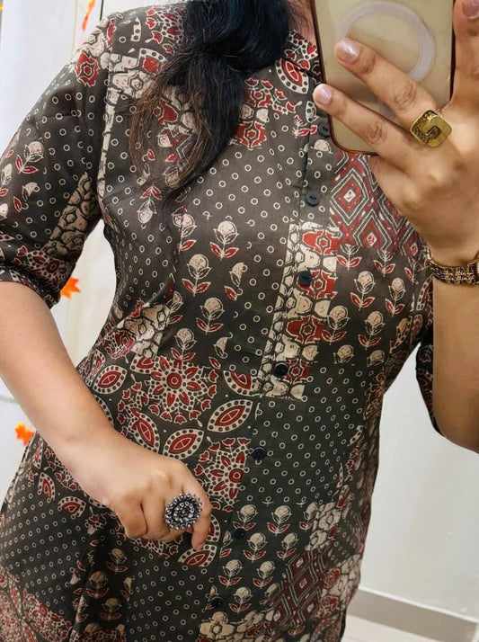 brown cotton Jaipuri Kalamkari print A-line kurti