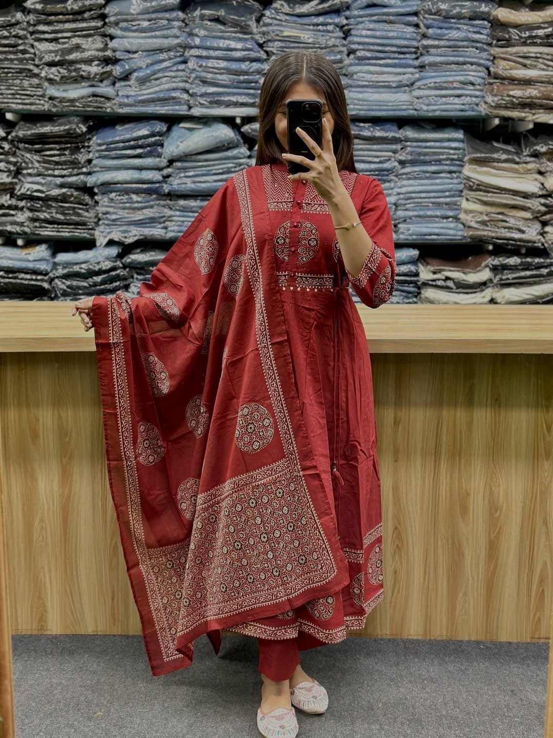 maroon printed cotton Anarkali suit set