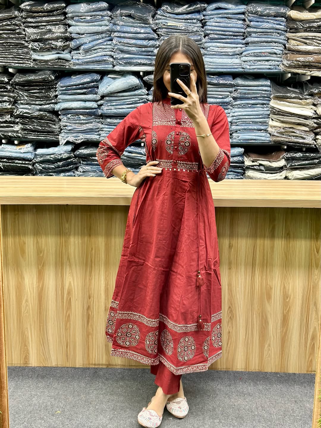 maroon printed cotton Anarkali suit set