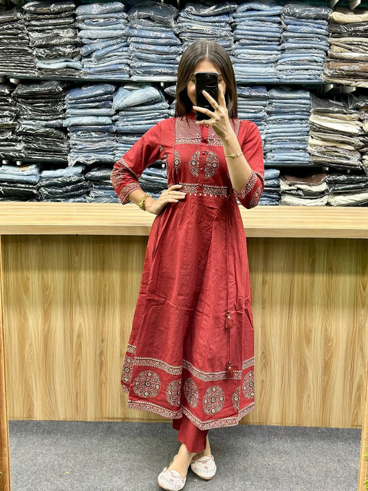 maroon printed cotton Anarkali suit set