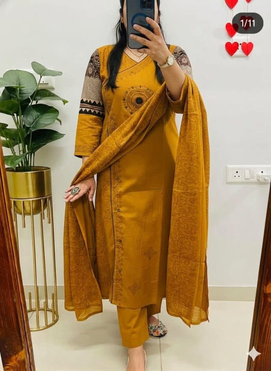 yellow cotton kurta set with  matching dupatta