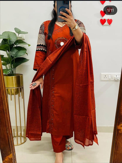 dabu printed cotton kurti suit set featuring mirror work