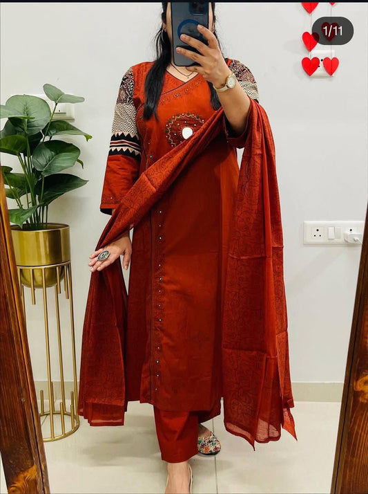 dabu printed cotton kurti suit set featuring mirror work