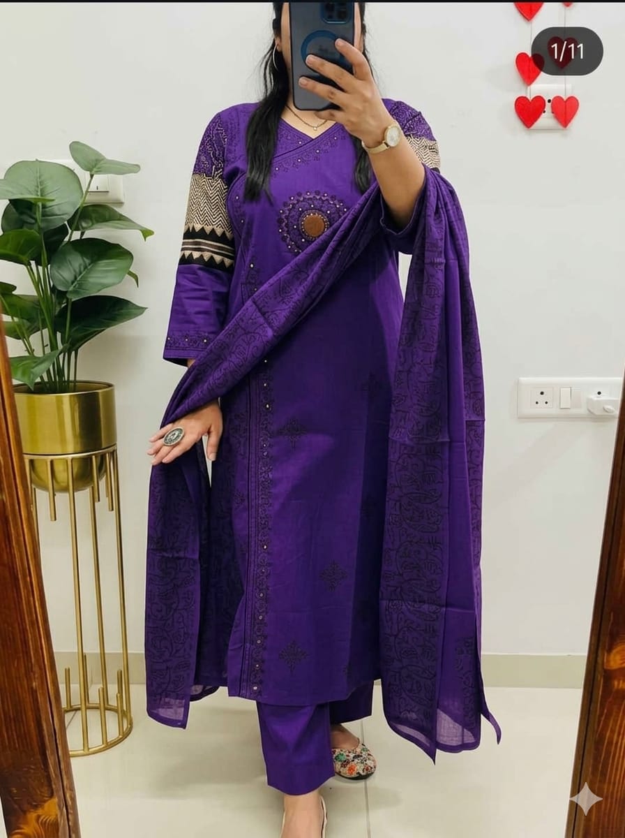 purple salwar suit  dabu print and original mirror work.