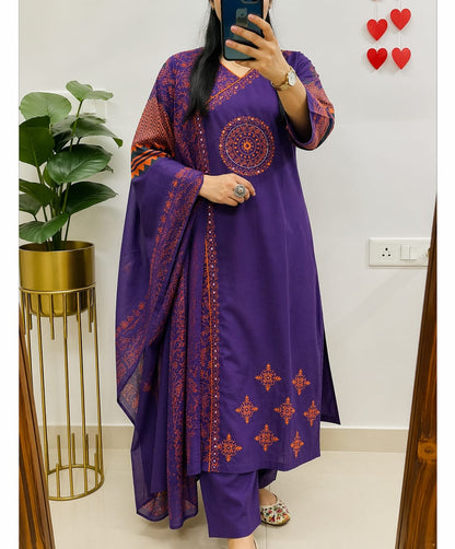 purple salwar suit  dabu print and original mirror work.