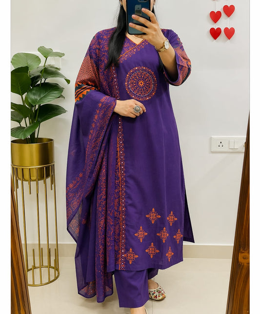 purple salwar suit  dabu print and original mirror work.