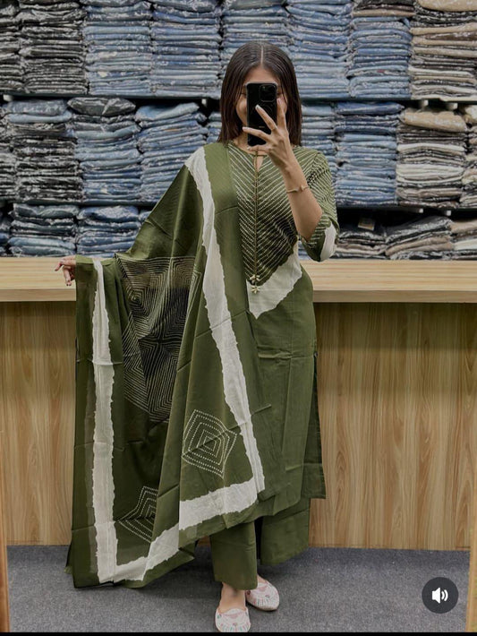 Green cotton printed kurti pant set buy online
