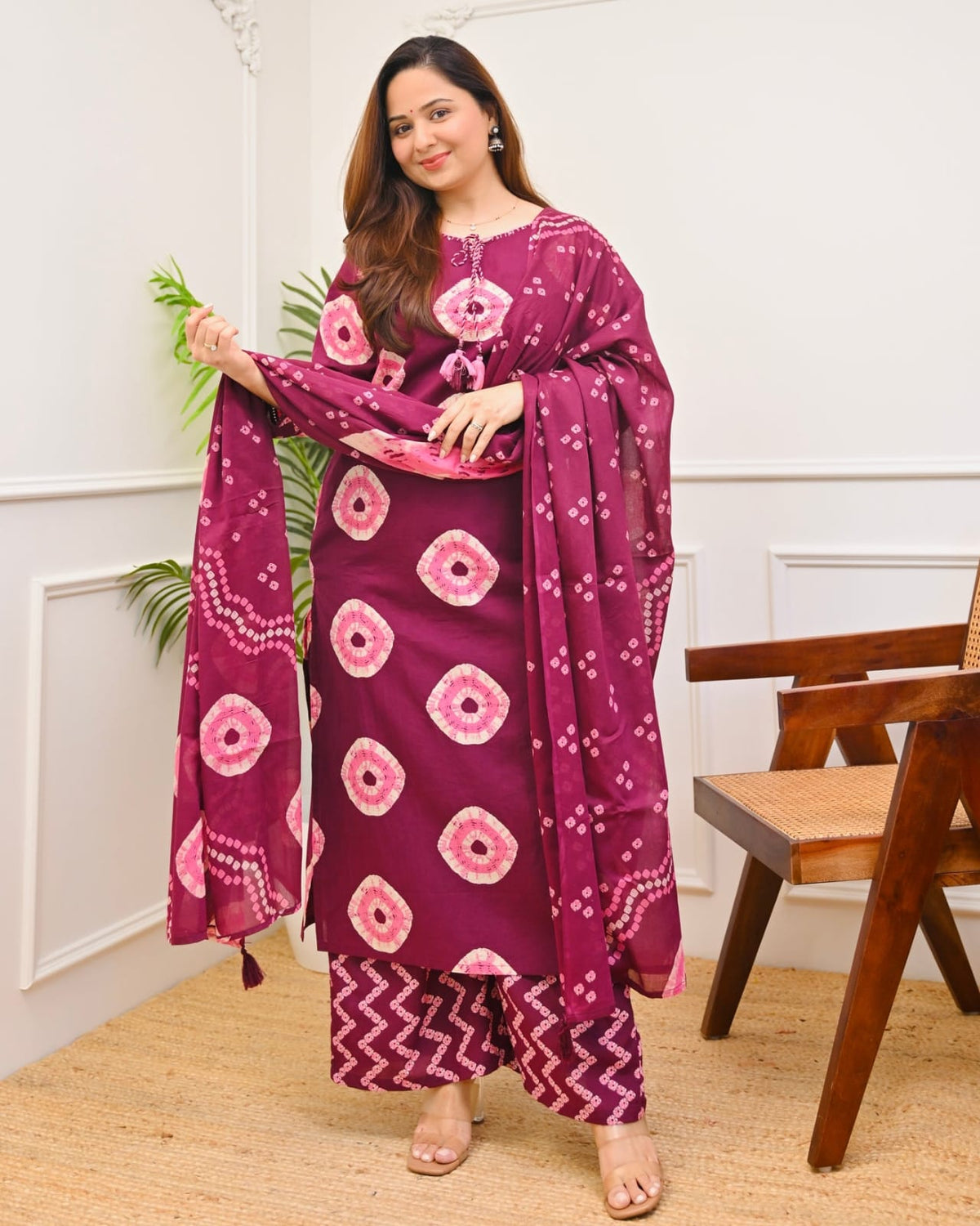 maroon Bandhej cotton kurta suit set featuring a printed design