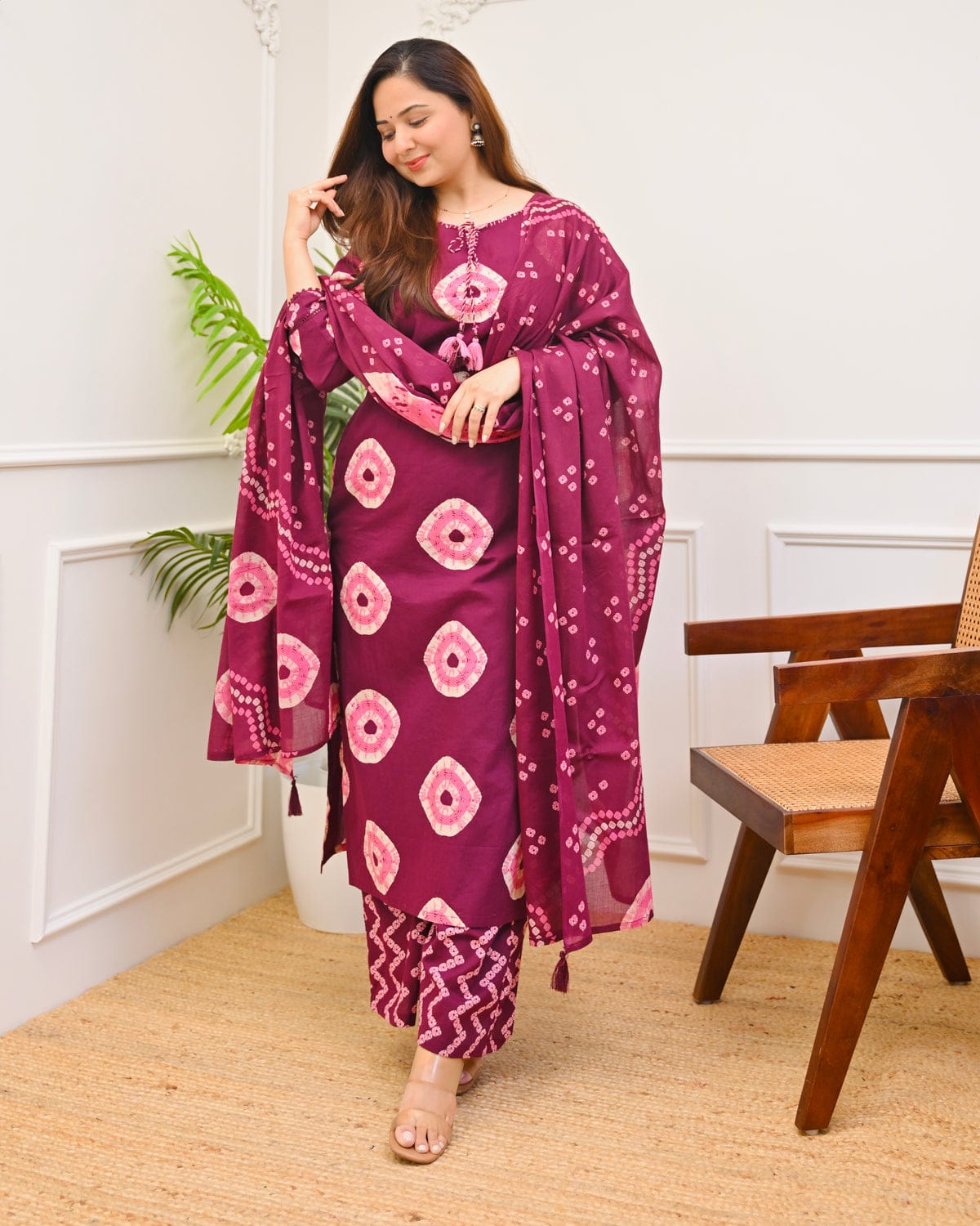 maroon Bandhej cotton kurta suit set featuring a printed design