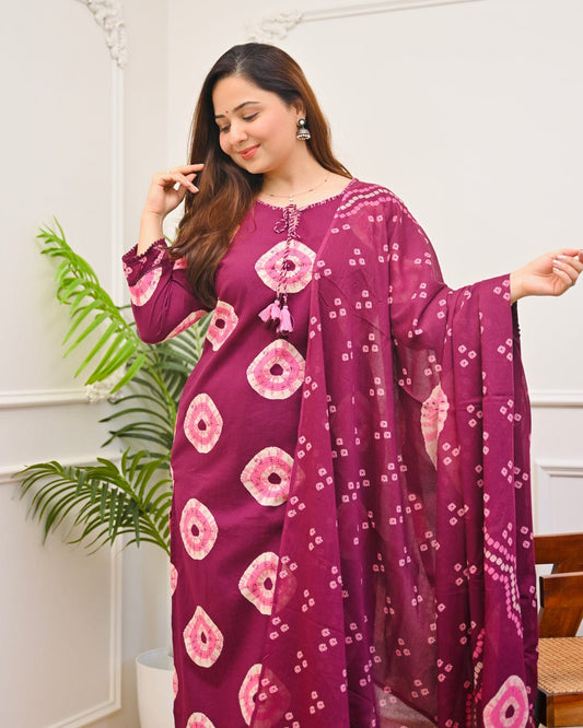maroon Bandhej cotton kurta suit set featuring a printed design