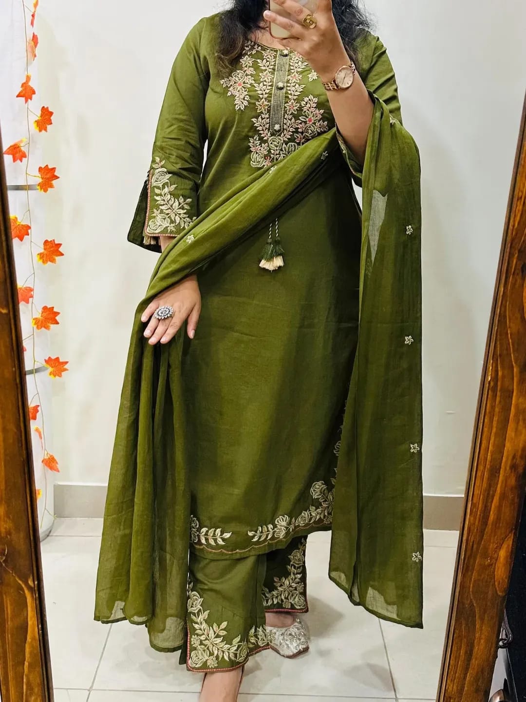 mehendi green embroidered Kurti with plazzo with dupatta
