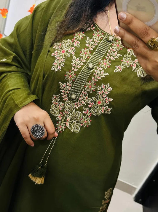 mehendi green embroidered Kurti with plazzo with dupatta