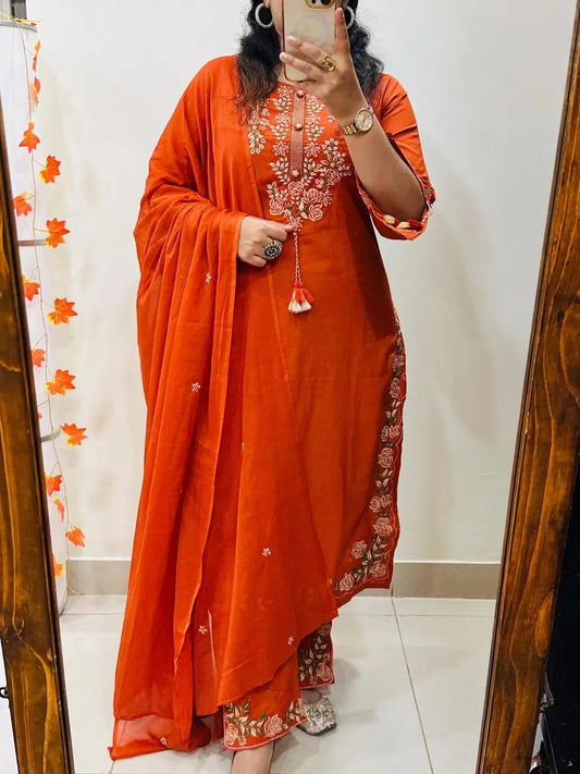 orange cotton kurta pant dupatta set with floral thread embroidery work