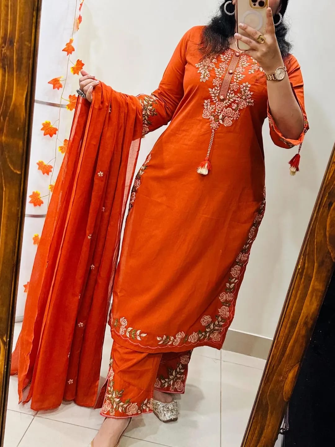orange cotton kurta pant dupatta set with floral thread embroidery work