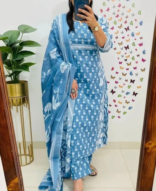 Printed Kurti Pant Attached Dupatta Set in blue cotton