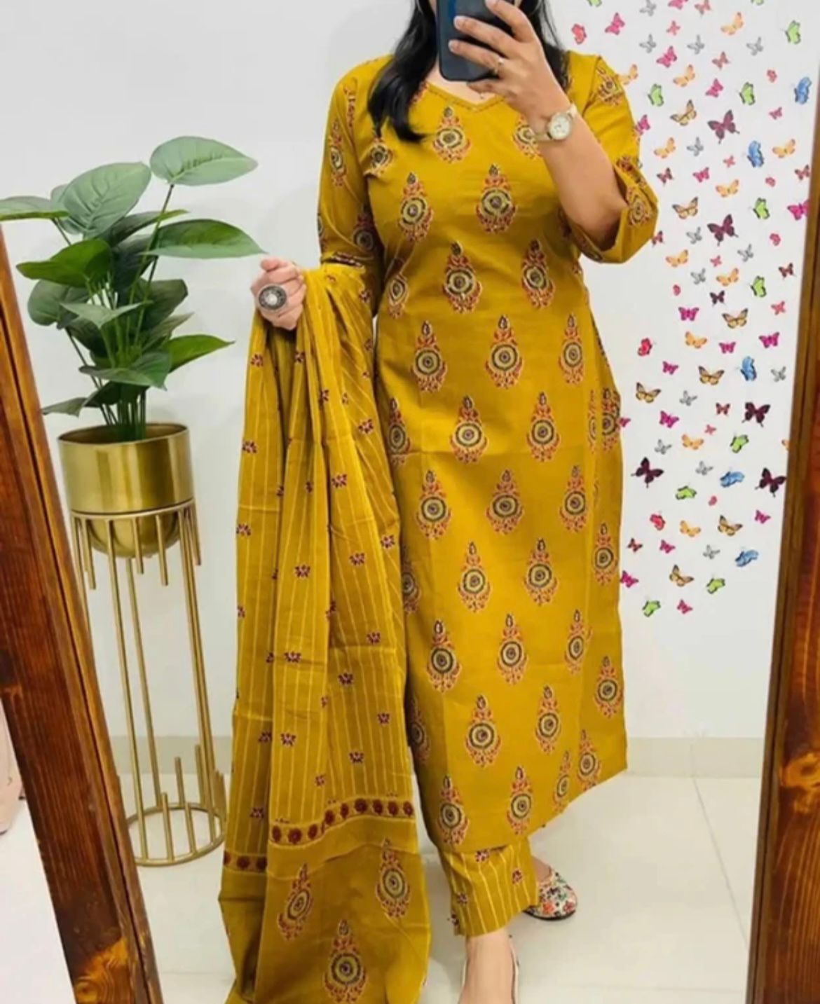 mustard yellow printed cotton kurti, pant