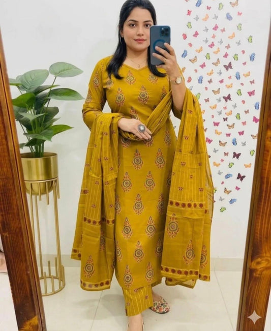 mustard yellow printed cotton kurti, pant