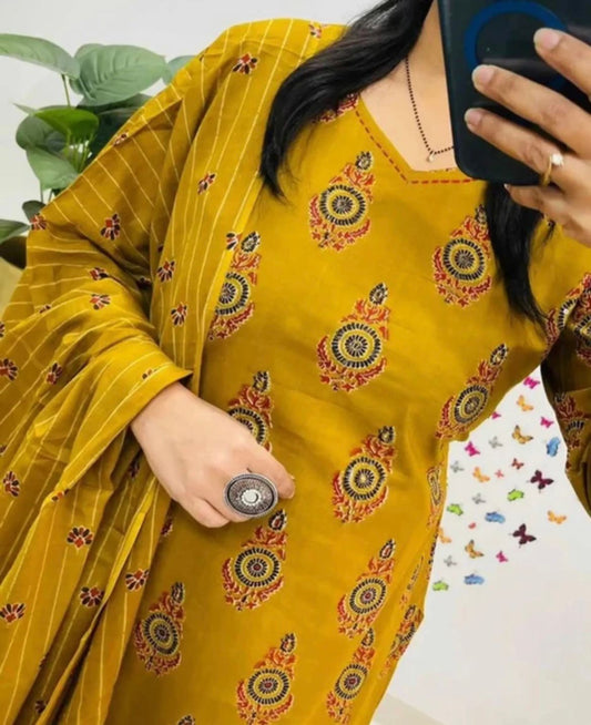mustard yellow printed cotton kurti, pant