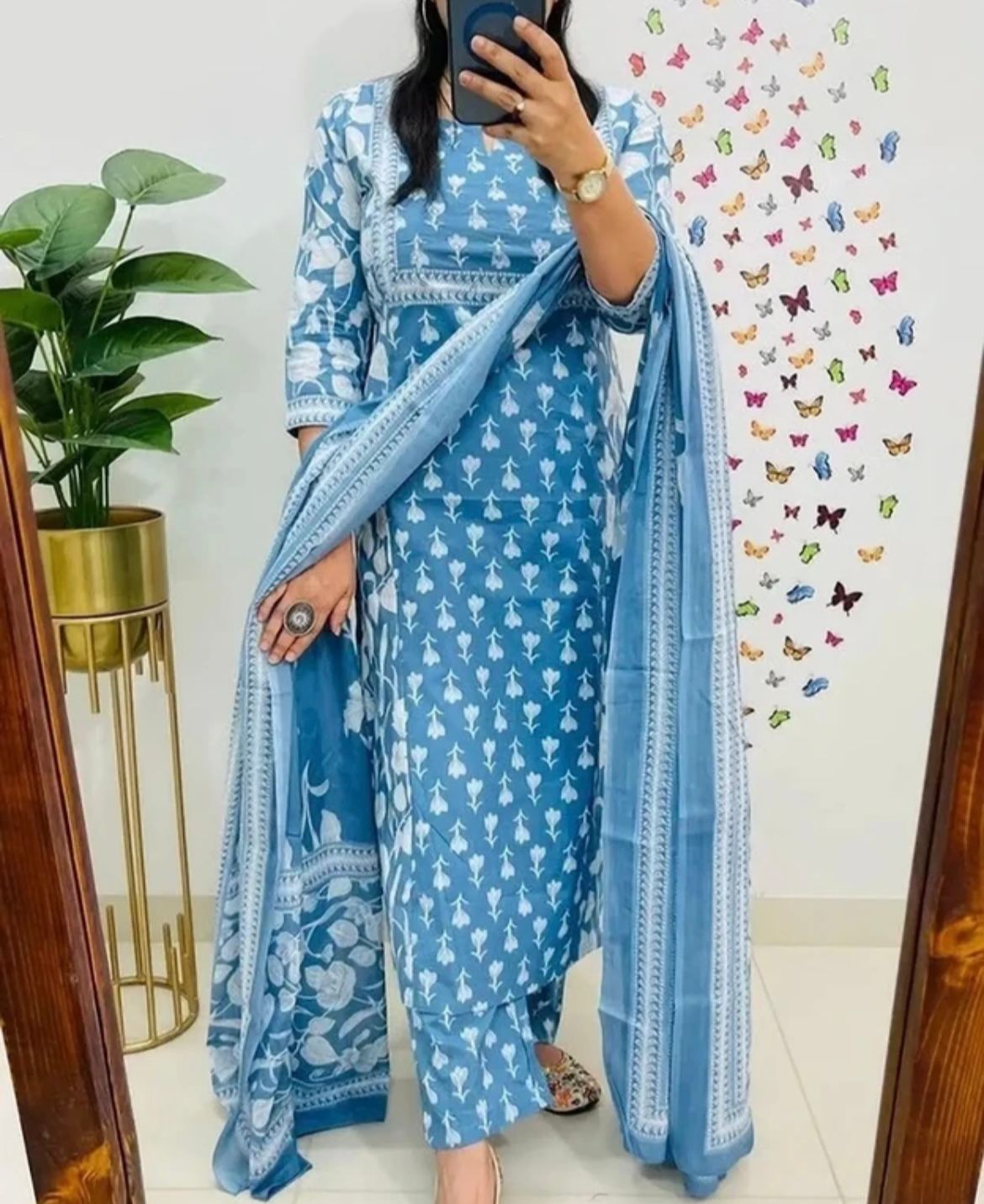 Printed Kurti Pant Attached Dupatta Set in blue cotton