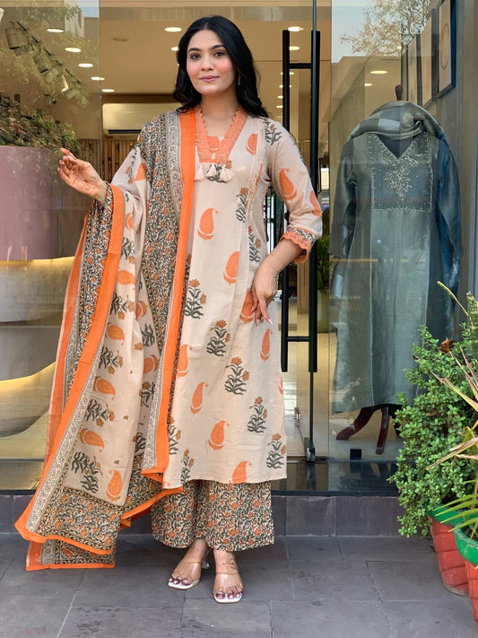 Designer A-Line Cotton Kurti Set with Palazzo & Dupatta
