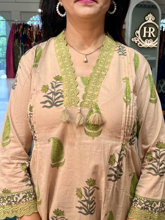 Premium Cotton Printed Kurta Set with Lace Detailing and Pintex Work