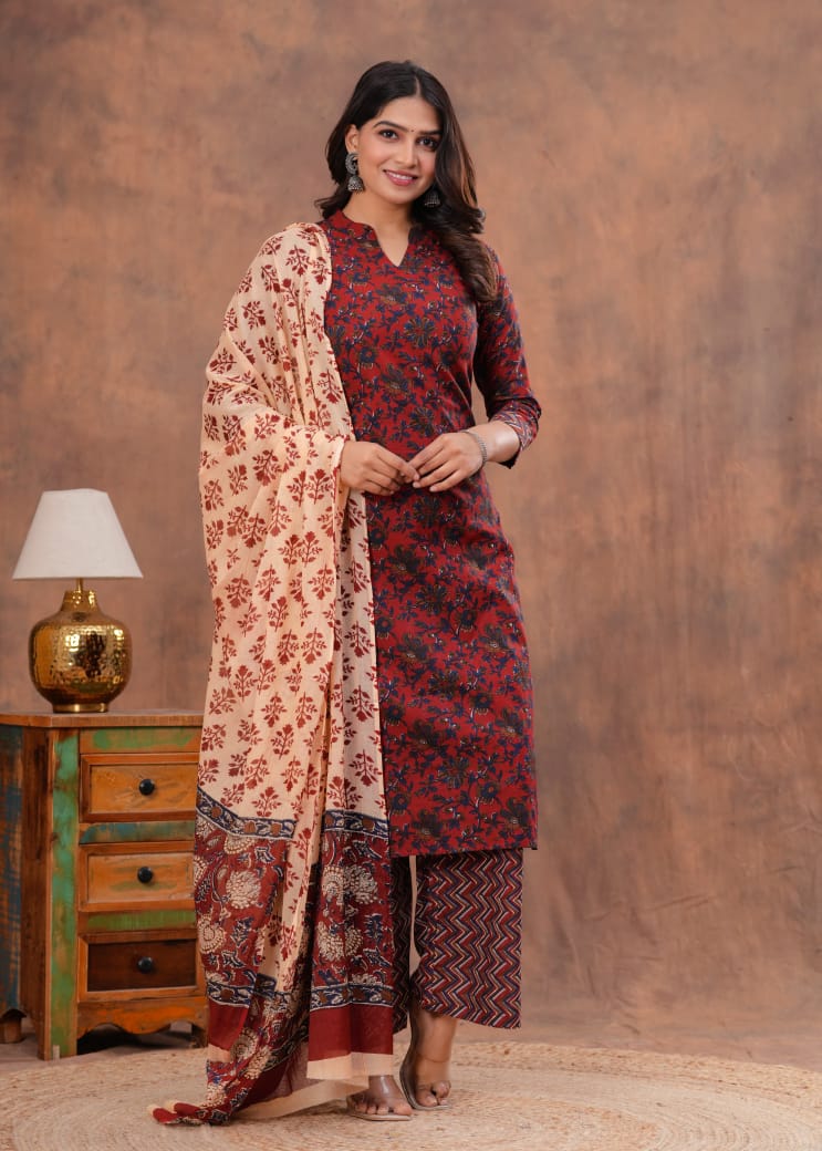 Jaipuri Cotton Kurti Palazzo Set with Dupatta