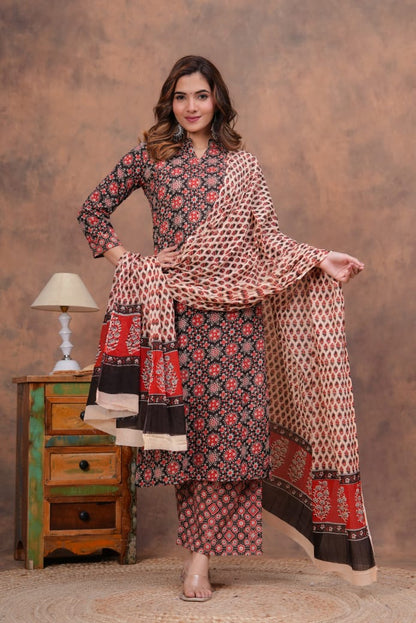 Traditional Bagru Cotton Kurti Palazzo with Dupatta