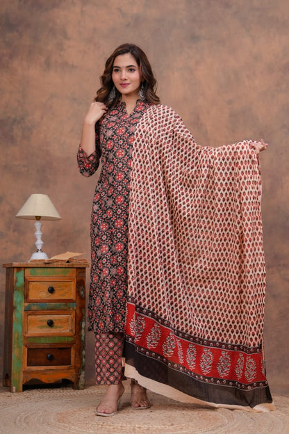 Traditional Bagru Cotton Kurti Palazzo with Dupatta