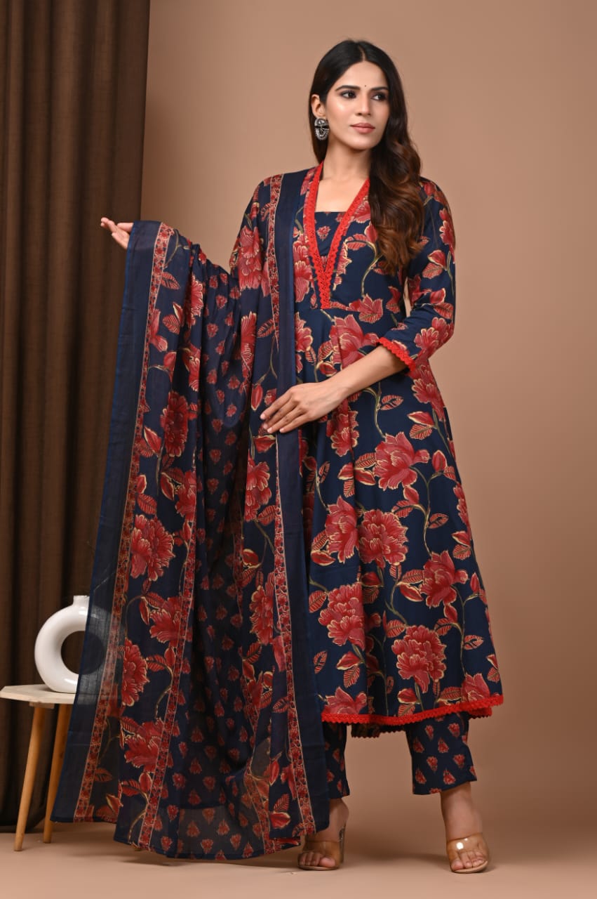Hand Block Printed Cotton Anarkali Kurta Set with Dupatta (3 Pc)