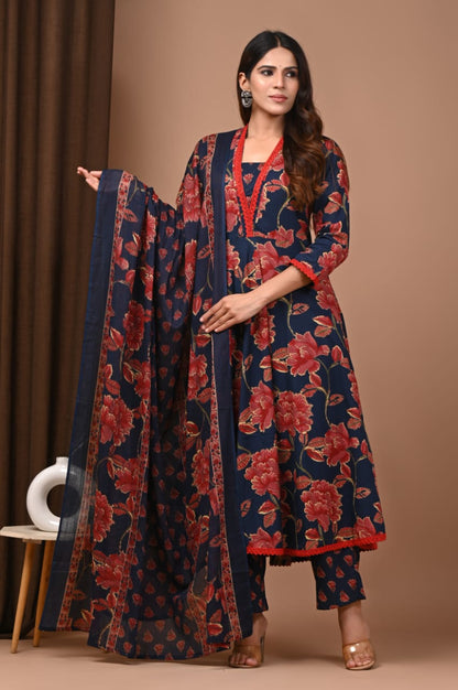 Hand Block Printed Cotton Anarkali Kurta Set with Dupatta (3 Pc)